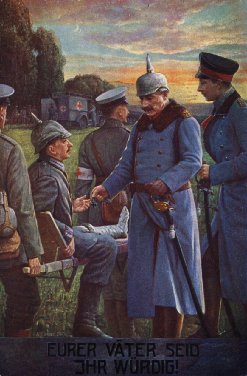 Méltóak vagytok apáitokhoz: Vilmos császár egy sebesült német katonának adományozza a Vaskeresztet (színes litográfia). alkotó: German School