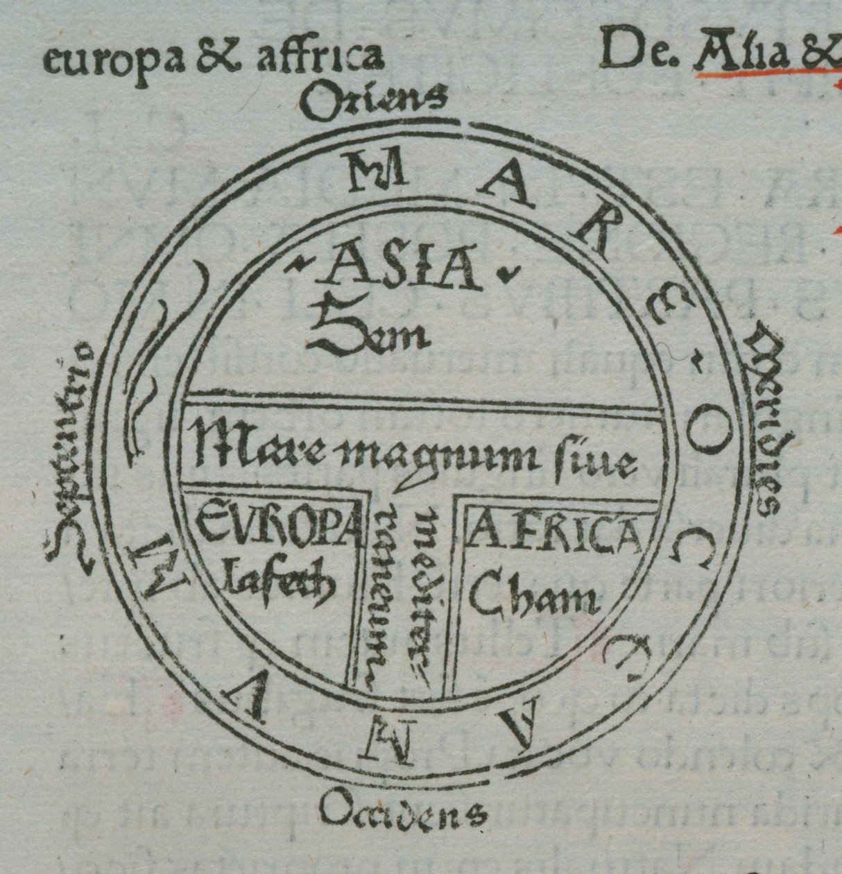 f.177v T-in-O térkép magasnyomásos helynevekkel, Sevillai Izidortól, Liber Etimologiarvm alkotó: German School