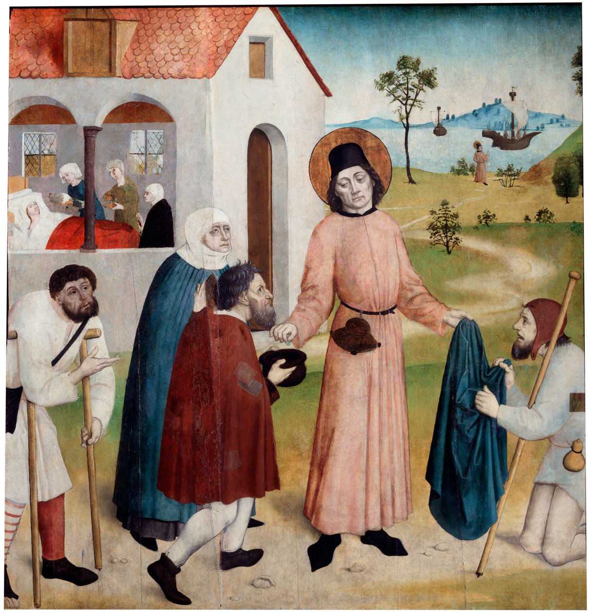 Saint Giles elosztja vagyonát a szegények között”, 1470-1480. alkotó: German master.