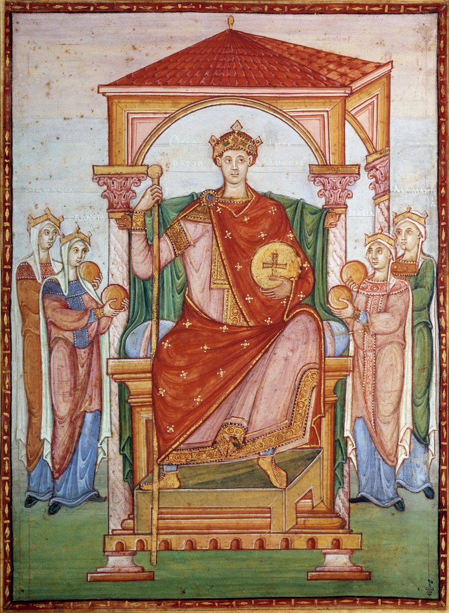 III. Otton (980-1002) germán császár, aki a nemzetek tiszteletét veszi át Miniatűr a „III. Otton evangélikus” kéziratából, 10. század vége. Chantilly, Conde Múzeum alkotó: German School
