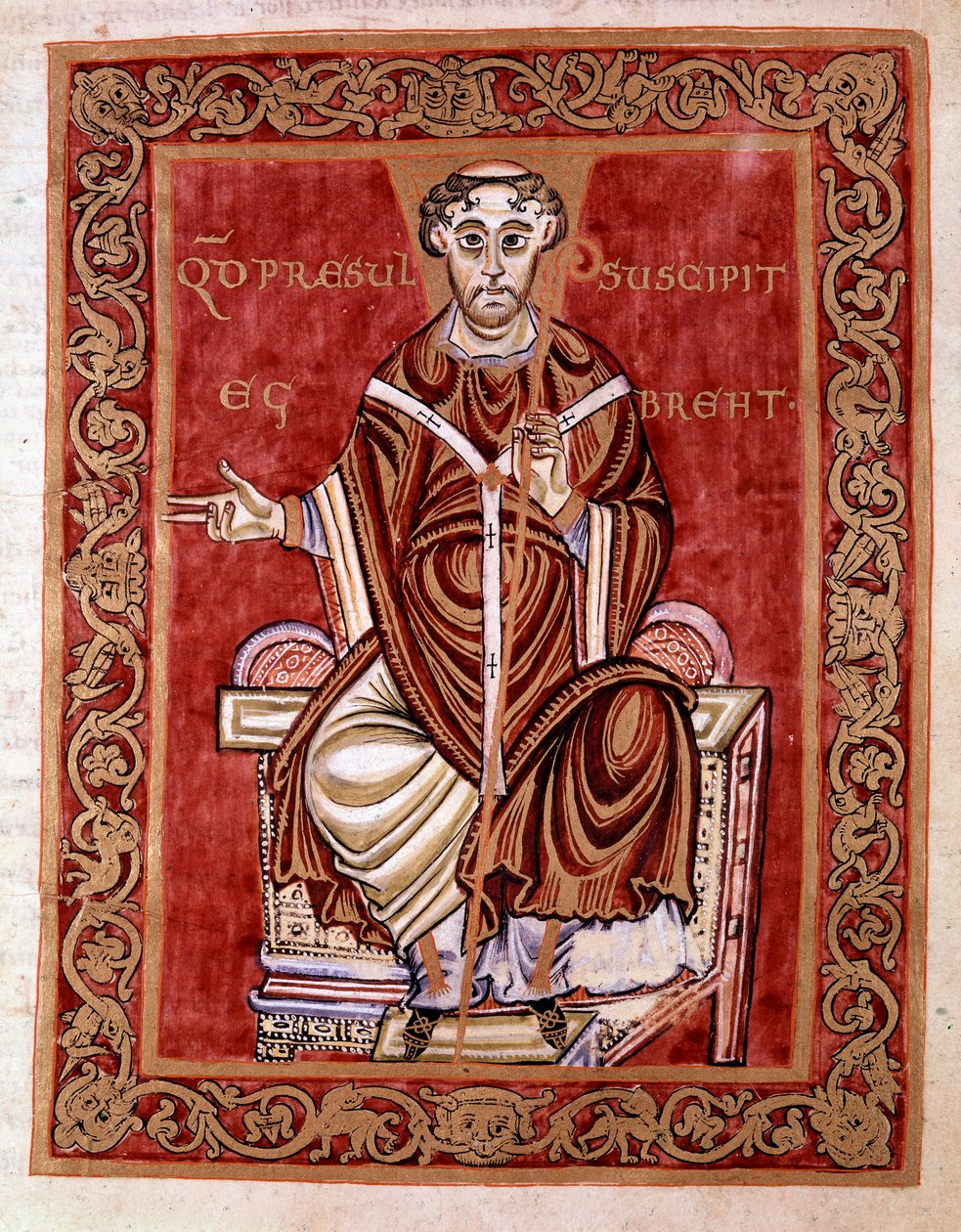 Eveque Egbert de Treves kapja a zsoltárt Rudprecht szerzetes (itt nincs ábrázolva) - A Reichenau iskola Egbert-kódexének (Codex Egberti) miniatúrája, 980 - Cividale del friuli, museo archeologico vagy Cathedrale de Civid alkotó: German School