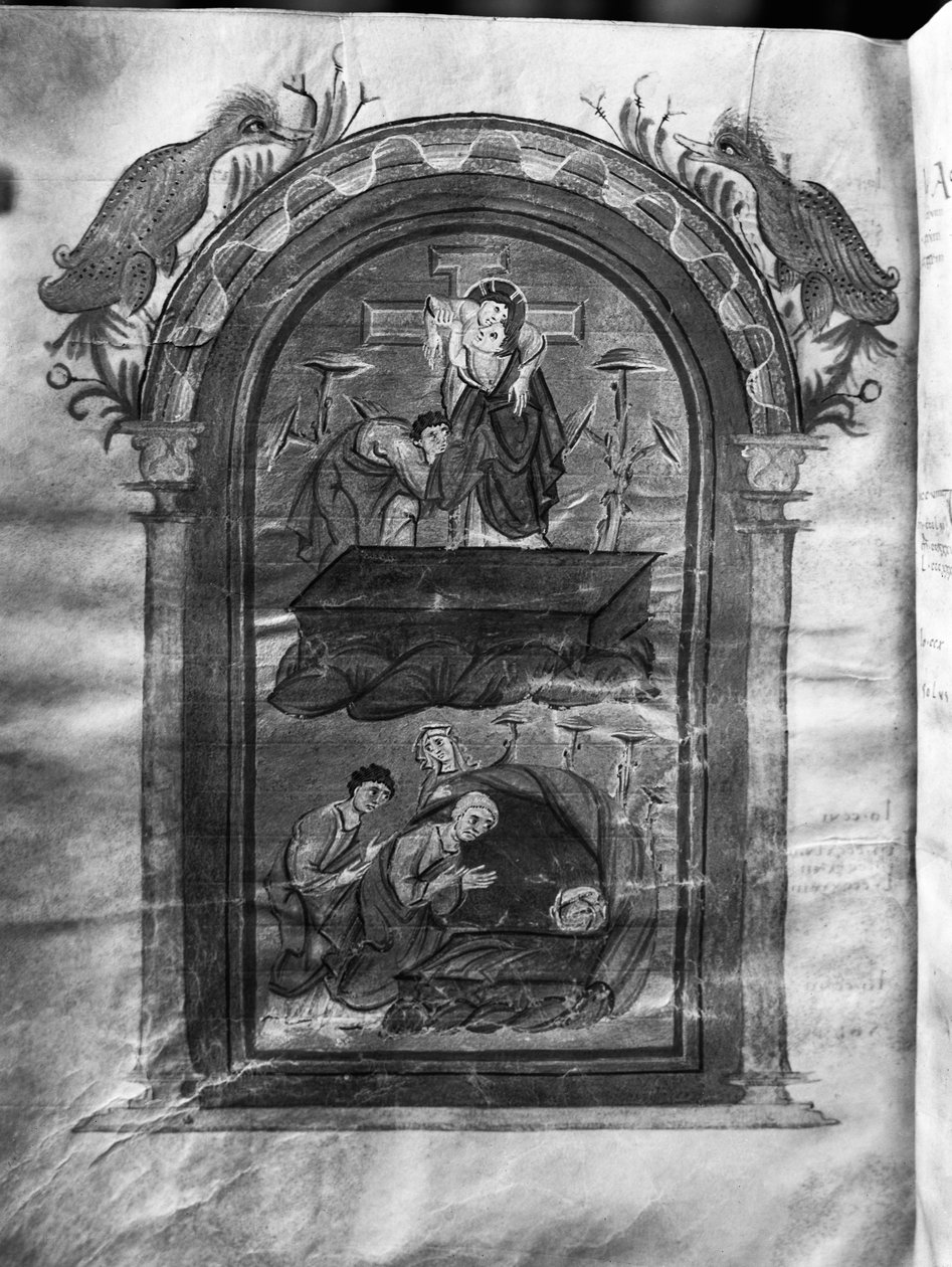 f.234v, Leszállás a keresztről és a tanítványok látogatása a sírnál, Liuthar-Evangeliar / Otto-Evangeliar, 990 körül (tempera pergamen) alkotó: German School