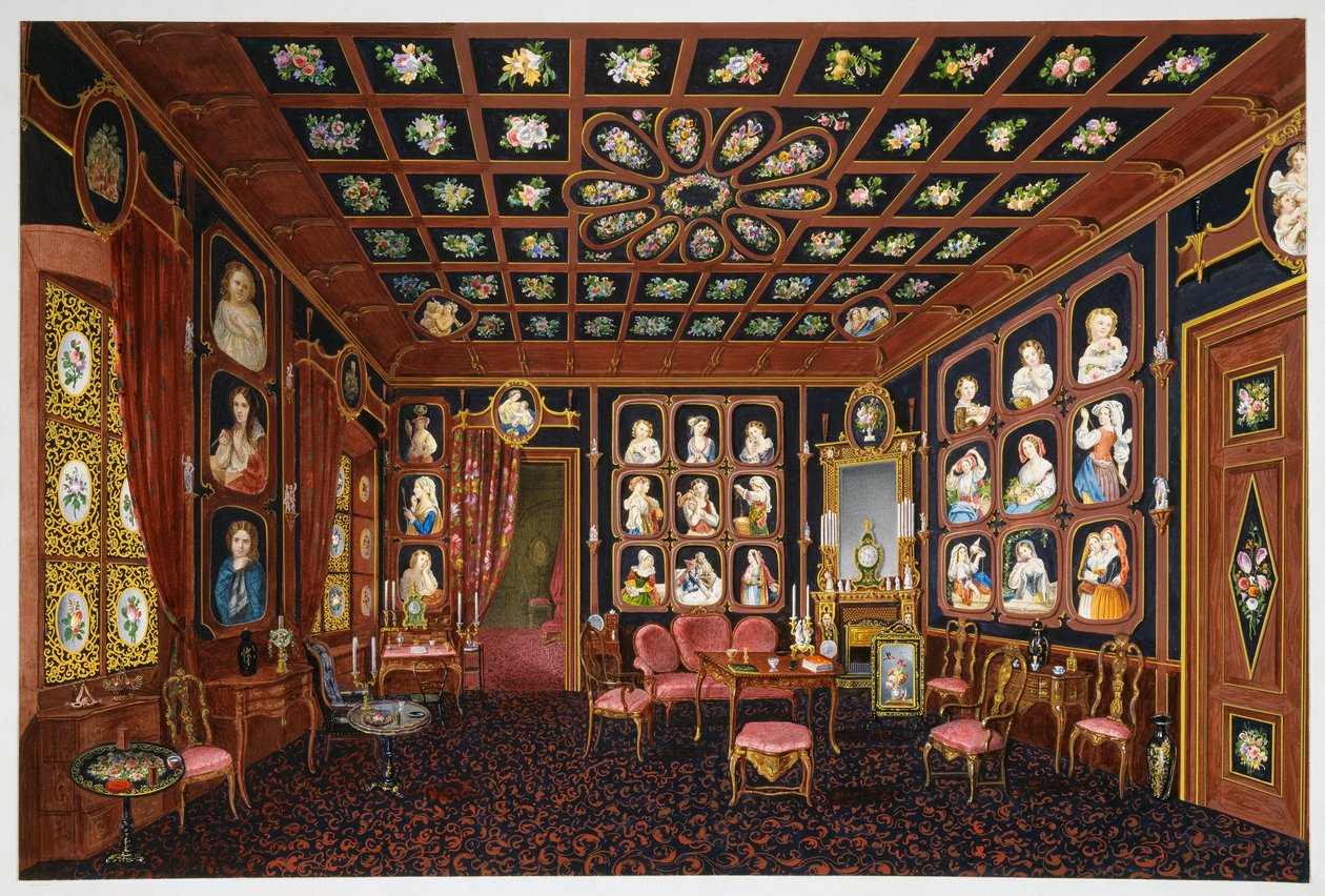 Beszélgető szalon a Villa Lazarovichban, Habsburg Maximilian (1832-1867) trieszti rezidenciája, Germano Prosdocimi tempera alkotó: Germano Prosdocimi