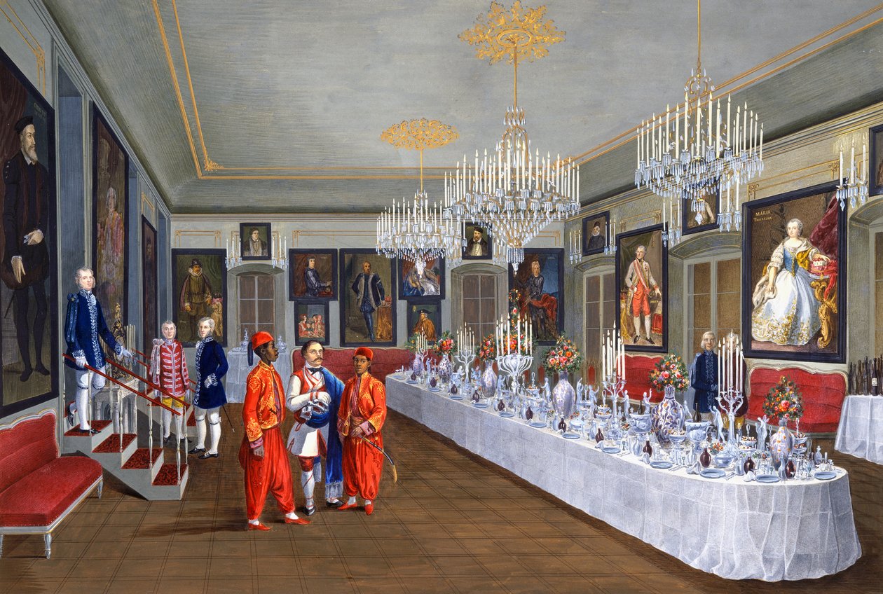 Ebédlő Habsburg császárok portrésorozatával, Josef Kiss festménye, Villa Lazarovich, Habsburg Maximilian (1832-1867) trieszti rezidenciája, Germano Prosdocimi tempera alkotó: Germano Prosdocimi