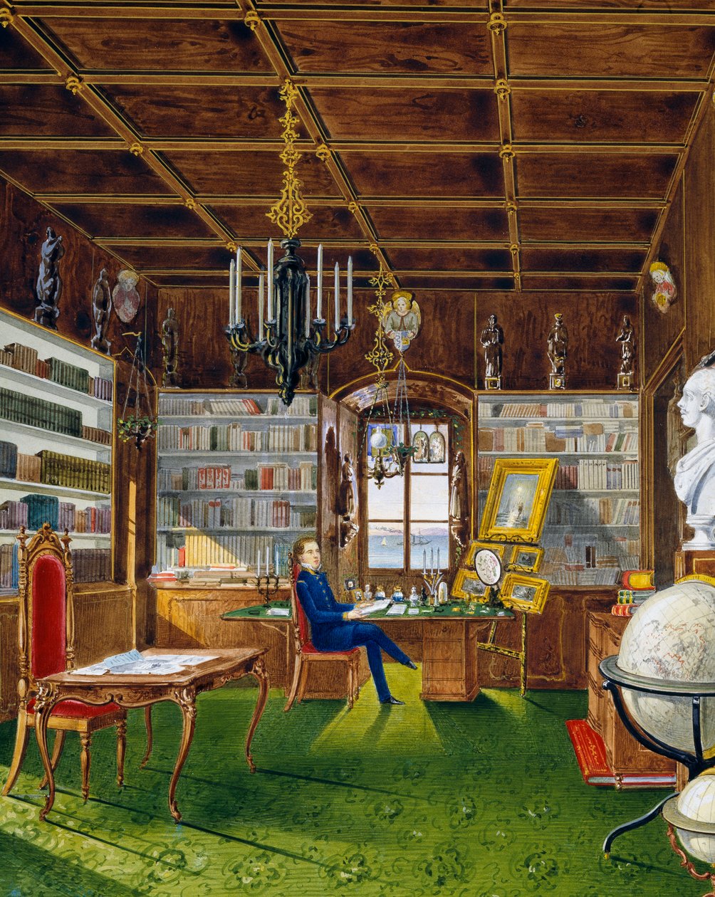A könyvtár a Villa Lazarovichban, Habsburg Maximilian (1832-1867) trieszti rezidenciája, Germano Prosdocimi tempera alkotó: Germano Prosdocimi