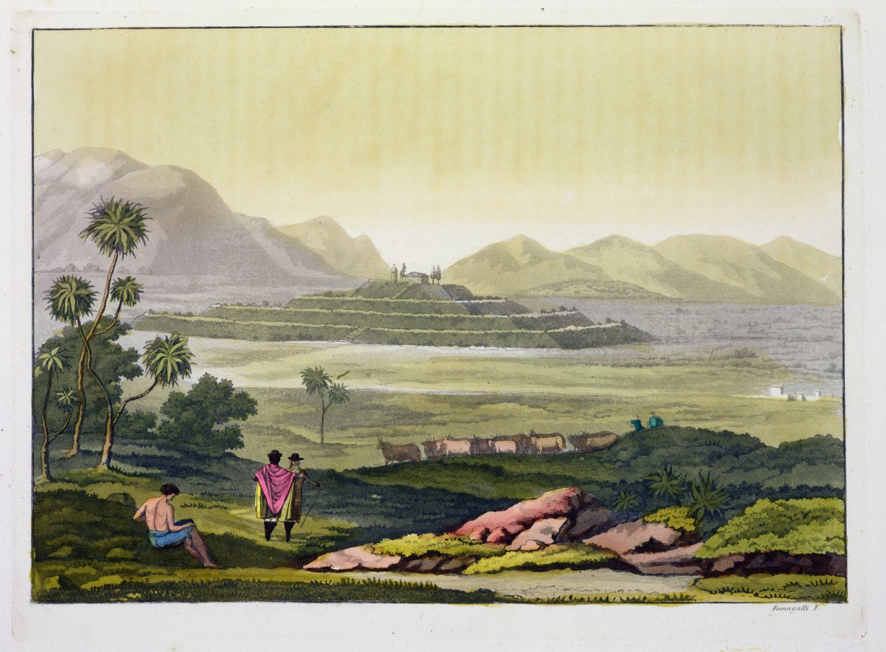 Teocalli, a nagy templom Tenochtitlanban, Mexikó, Azték (kőnyomat) alkotó: Gerolamo Fumagalli