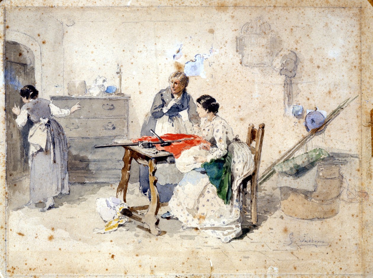 Milánói nők készítik az olasz trikolór zászlót. Gerolamo (Girolamo) Induno (1825 - 1890) akvarellje. Milánó, Risorgimento Múzeum. alkotó: Gerolamo Induno