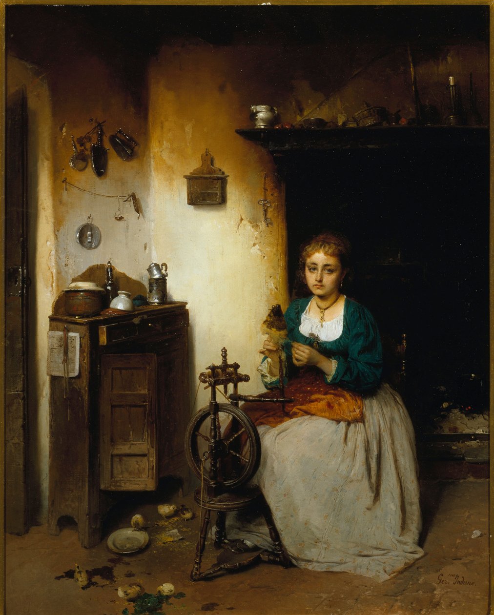 Fiatal nő fonja gyapjút, arckifejezése szomorú, belseje nyomorult. Gerolamo (Girolamo) Induno (1825-1890) festménye Dim. 65x52 cm Genes Nervi, Galleria d