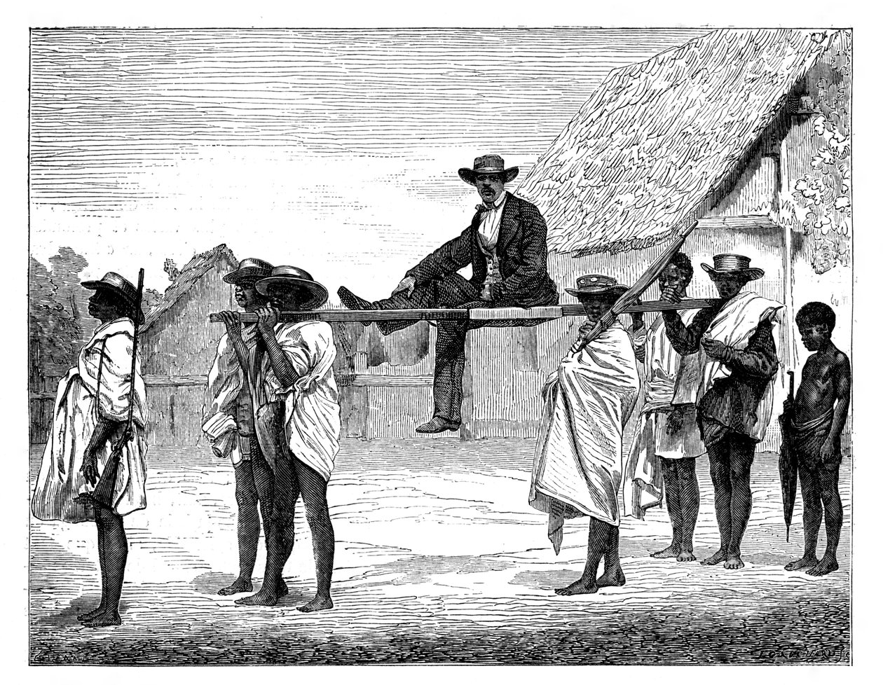 Afrikai bennszülöttek fehér embert hordozó Afrika, 19. század. alkotó: Gerome Staal