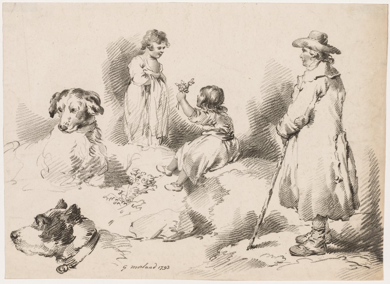 Tanulmányok gyerekekről: Két kislány, két kutya, egy férfi, 1793. alkotó: Gerrard Street J. Harris Soho