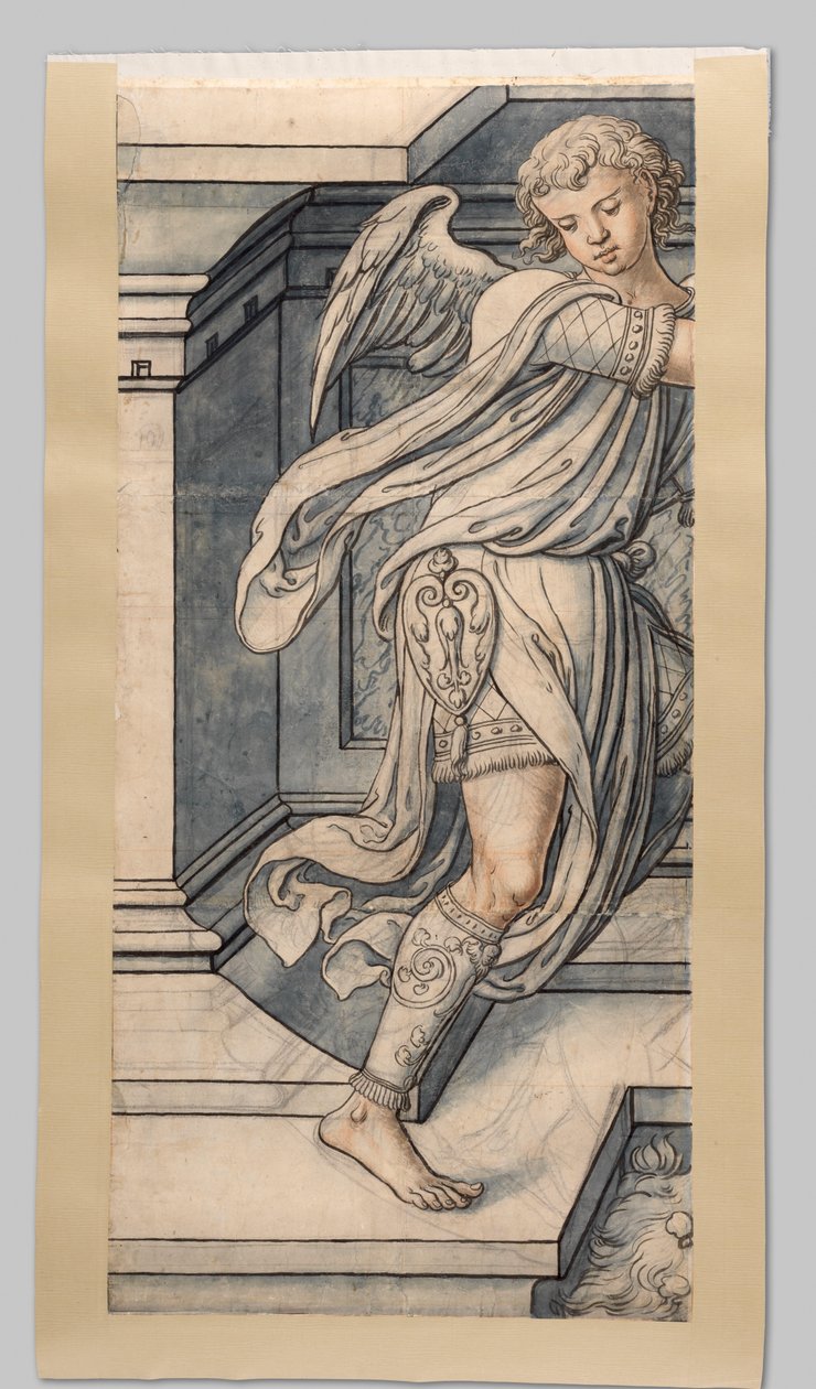 Angyal. Kartontöredékek az ólomüveg ablakhoz a nyugati homlokzaton Joris van Egmond (utrechti püspök 1535-1559) a haarlemi Sint Bavo templom számára alkotó: Gerrit Boels (workshop of)