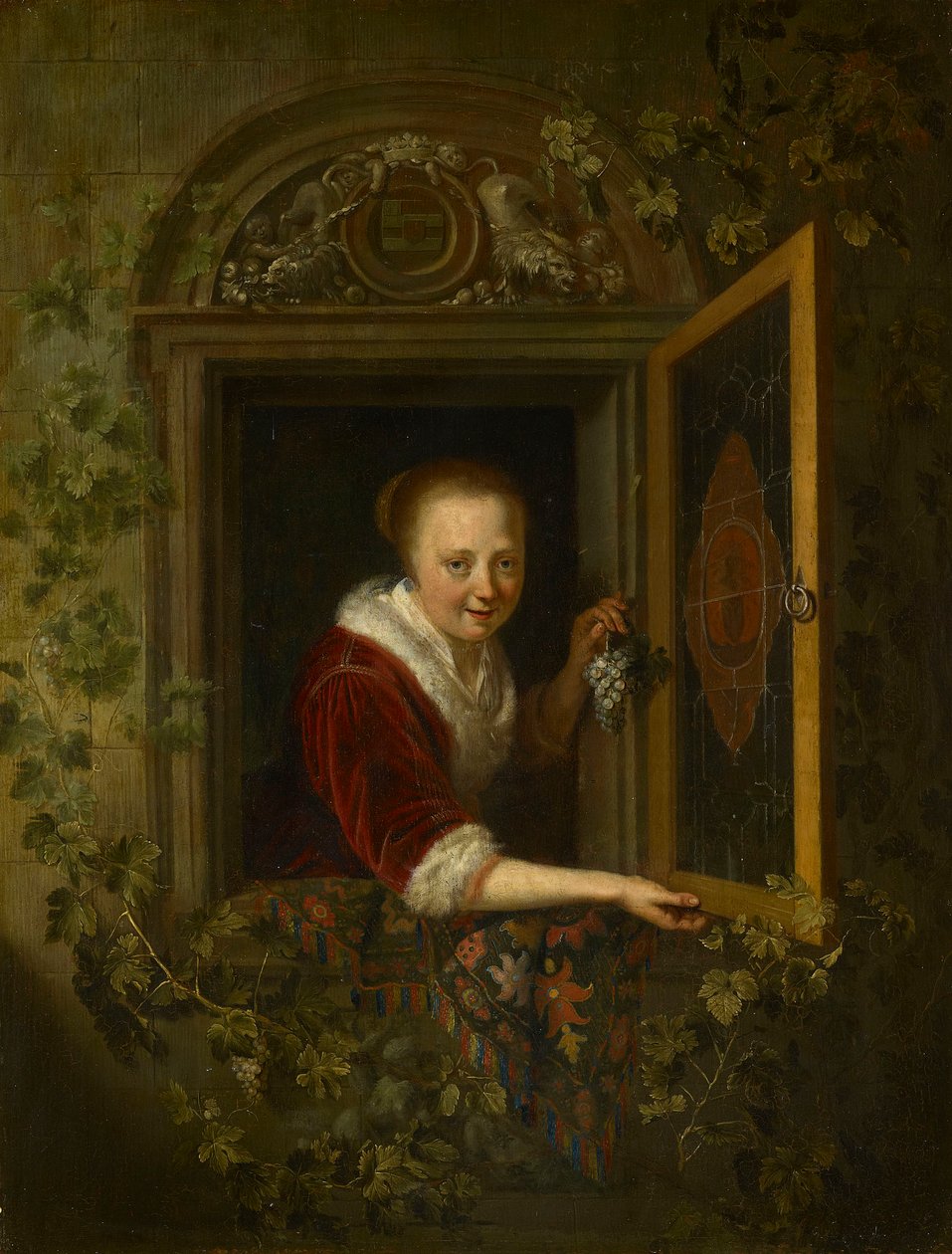 Egy lány egy csokor szőlővel az ablaknál alkotó: Gerrit Dou