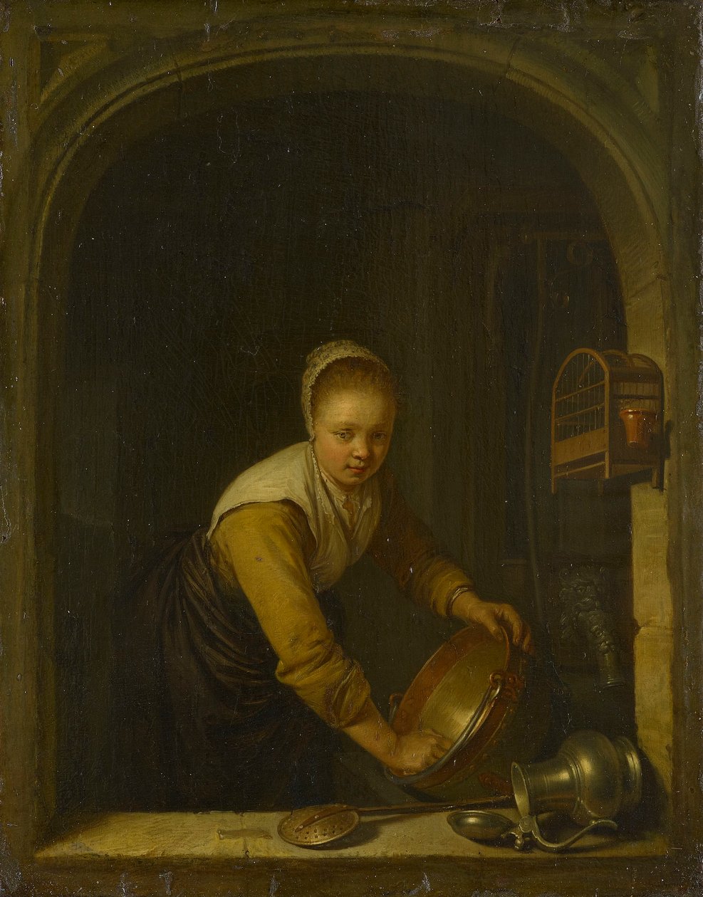 Egy cselédlány egy sárgaréz serpenyőt súrol az ablaknál alkotó: Gerrit Dou