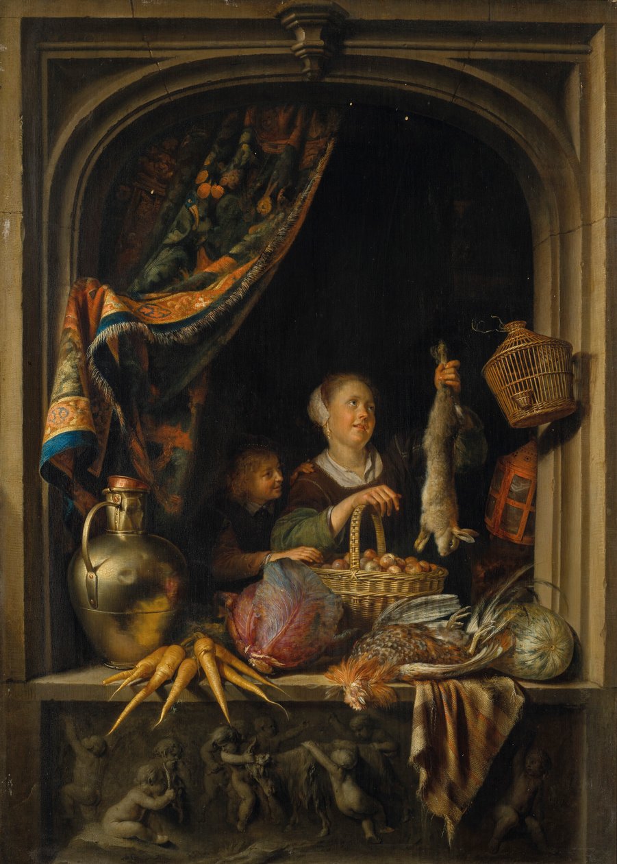 Egy fiatal nő, aki egy nyulat tart egy fiúval az ablaknál alkotó: Gerrit Dou