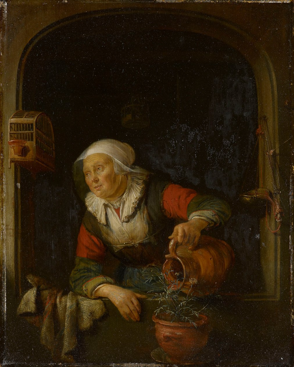 Egy öregasszony öntöz egy cserép rózsaszínt alkotó: Gerrit Dou