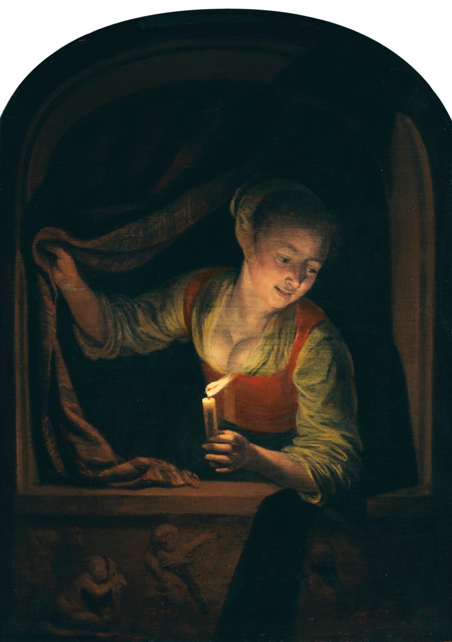 Holland: Fiatal nő gyertyával az ablaknál alkotó: Gerrit Dou