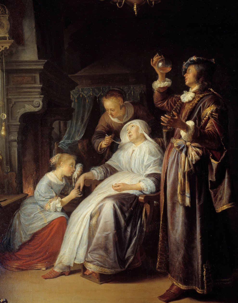 A vízi nő. Az orvos megvizsgálja egy vízkóros nő vizeletét. Részlet. Gerard Dou festménye (1613-1675) alkotó: Gerrit Dou