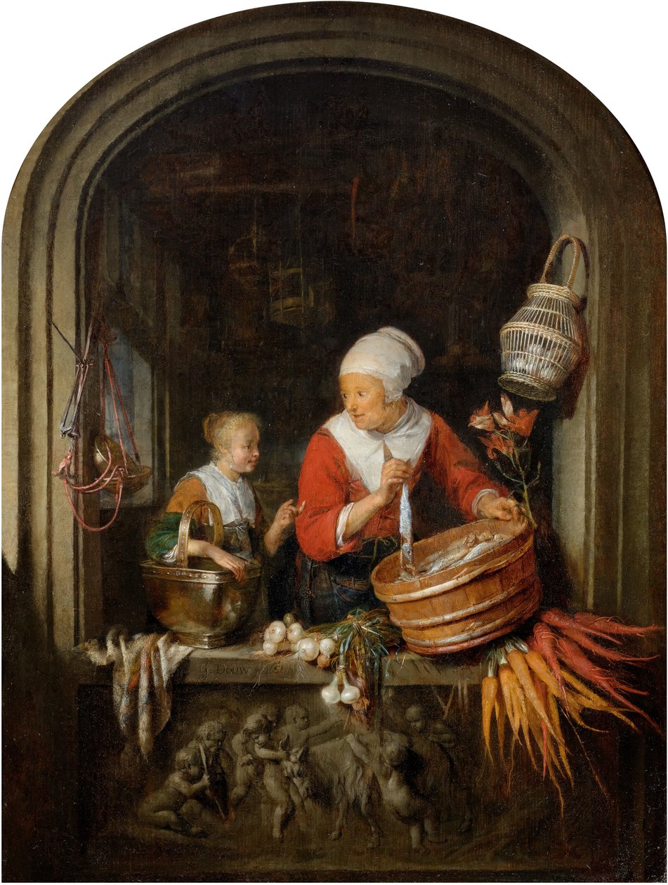 Heringet áruló nő és lány az ablakban alkotó: Gerrit Dou