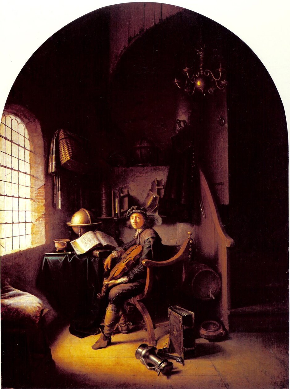 Fiatal hegedűművész ül a tanulószobájában alkotó: Gerrit Dou