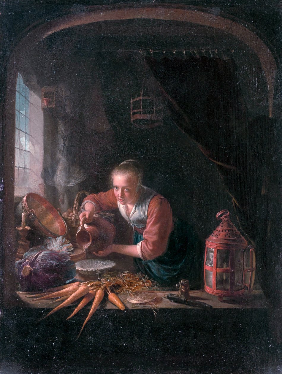 Fiatal nő vizet tölt egy kancsóból alkotó: Gerrit Dou