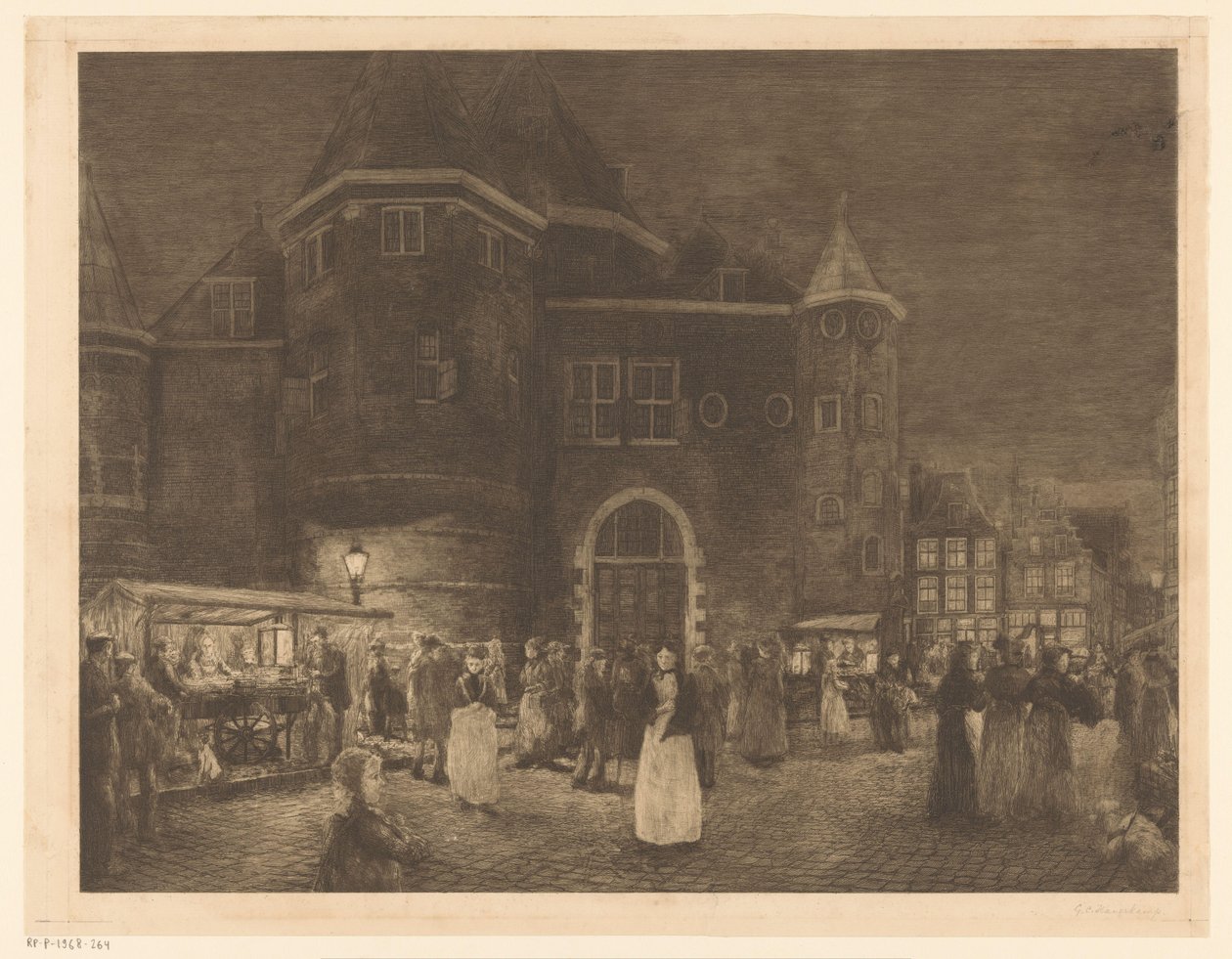 Piac a Waagnál az amszterdami Nieuwmarkt-on éjjel alkotó: Gerrit Haverkamp (signed by artist)
