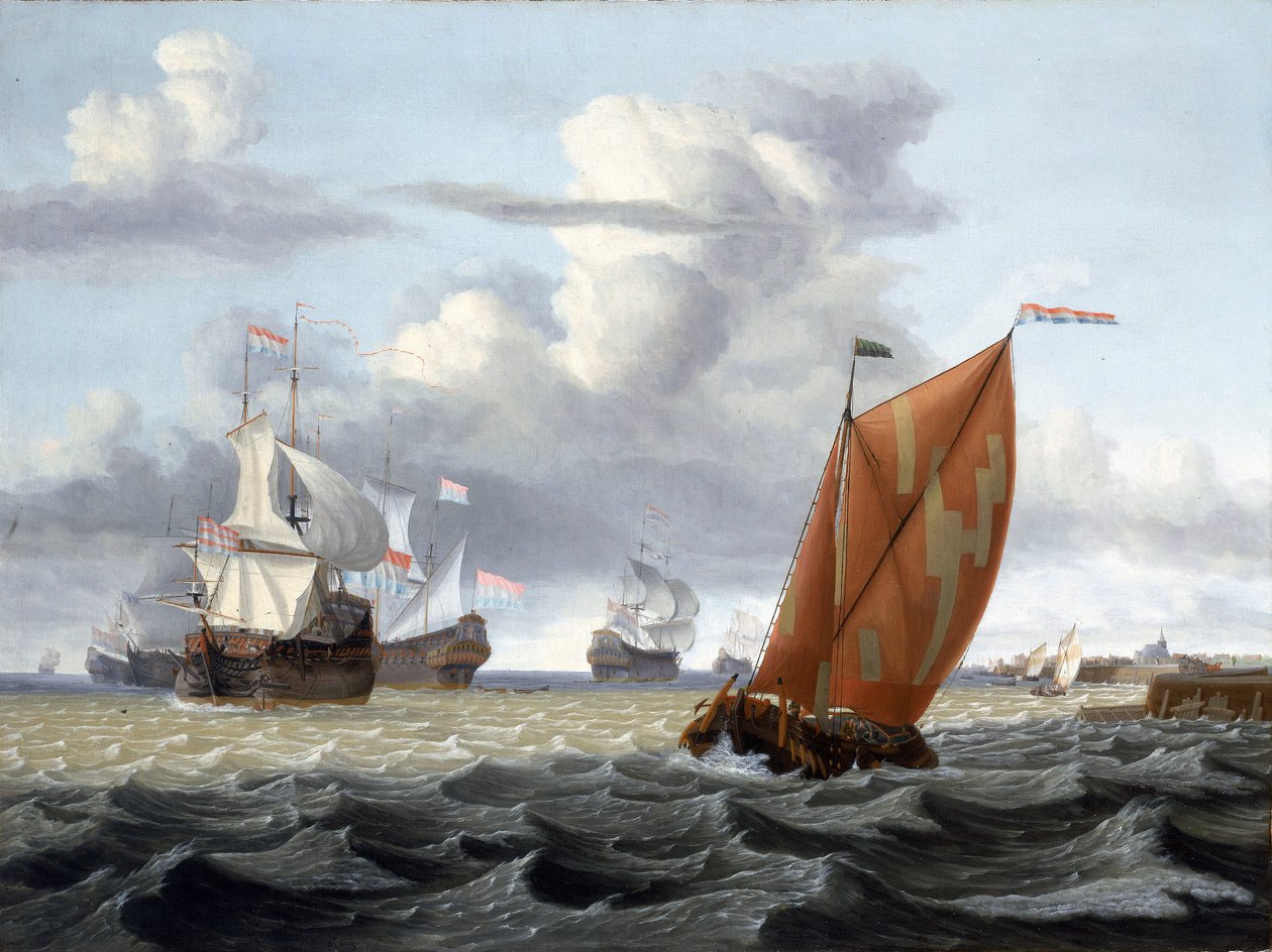 Hajózás egy holland kikötő előtt, egy templom tornyával és néhány épülettel, valószínűleg Enkhuizen (Hollandia) a Zuiderzee (vagy Zuyderzee vagy Dél-tenger) partján, és a legkülönfélébb hajók leírása: heringhalászhajó és a Holland Kelet-India Co. alkotó: Gerrit Pompe