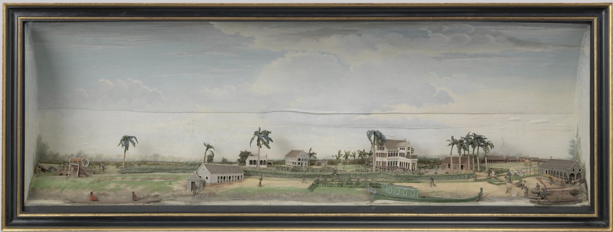A suriname-i Zeezigt kávé- és gyapotültetvény diorámája, 1815-21 körül fa és festett papír alkotó: Gerrit Schouten