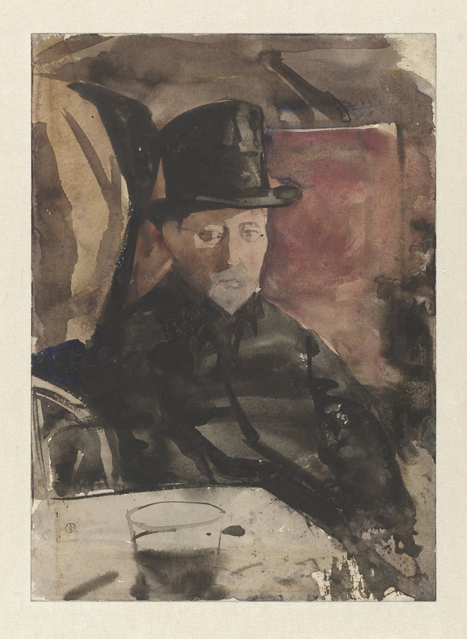 Ülő férfi cilinderrel egy kávézóban alkotó: Gerrit Willem Dijsselhof