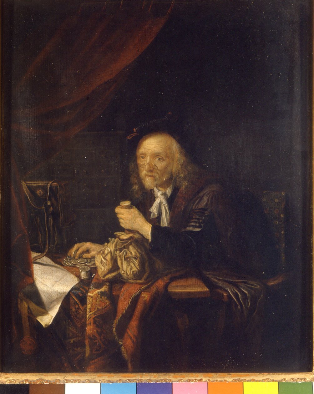 Egy bizalmatlan férfi úgy számolja a pénzét, hogy erszényt tart a kezében. Gerard Dou (vagy Gerrit Dow) festménye (1613-1675) 17. századi milánói Museo del castello alkotó: Gerrit Dou