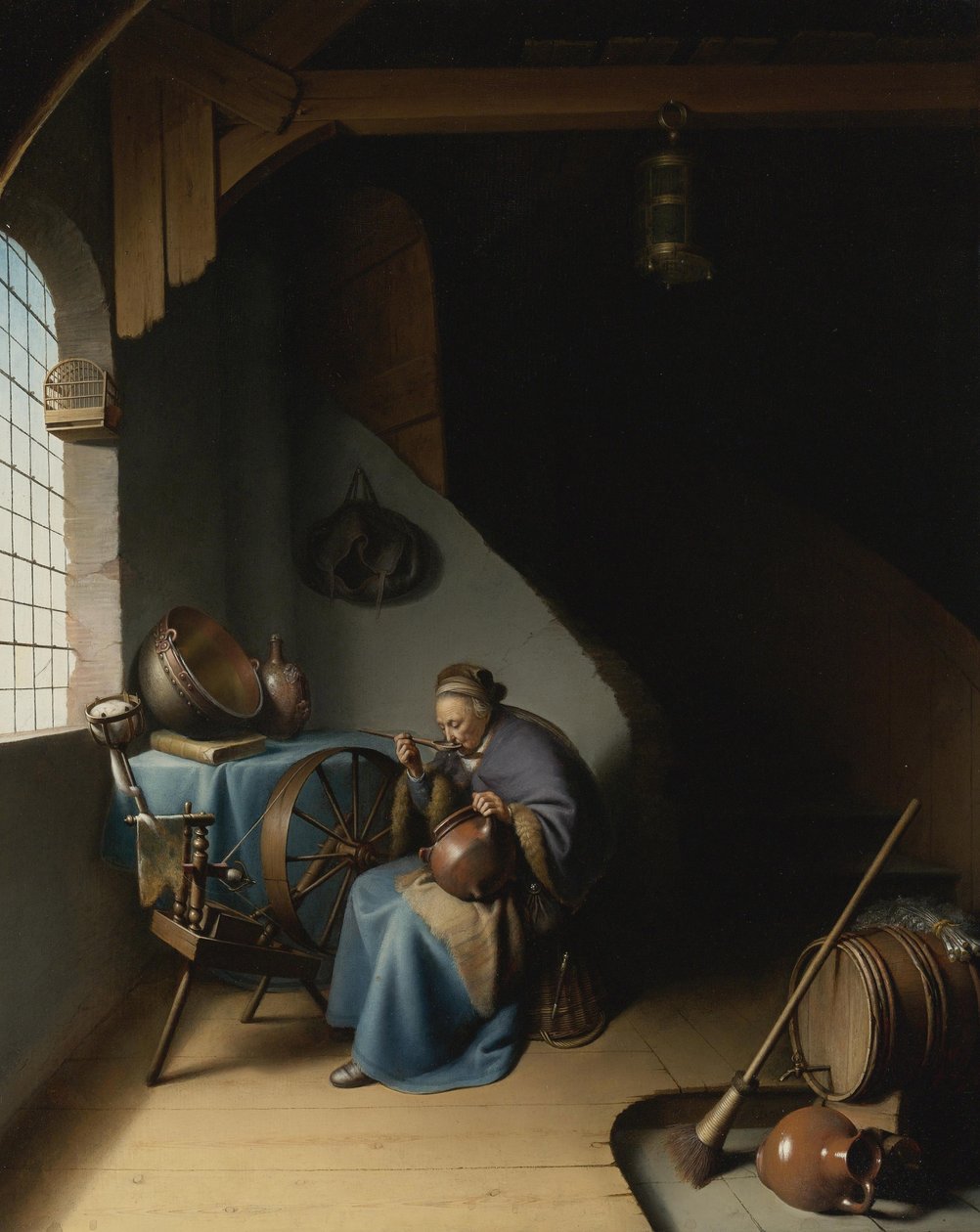Egy idős nő a forgó kerekénél, zabkását eszik Dou-nál, Gerardnál alkotó: Gerrit Dou