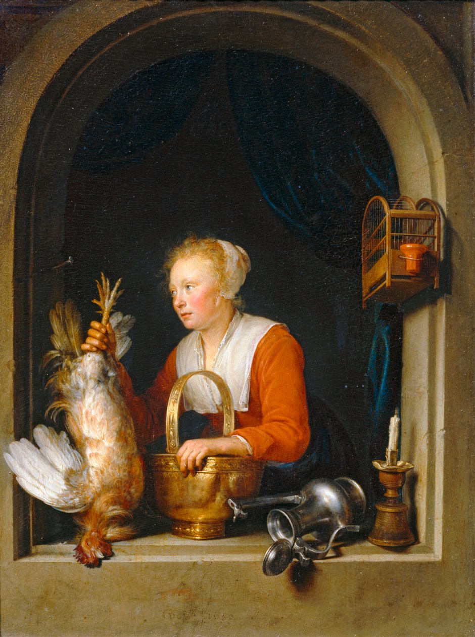 Femme accrochant un coq à sa fenetre, dit aussi La Menagère hollandaise - Woman hanging a rooster in her winrow, also called also the Dutch housewife ... alkotó: Gerrit or Gerard Dou