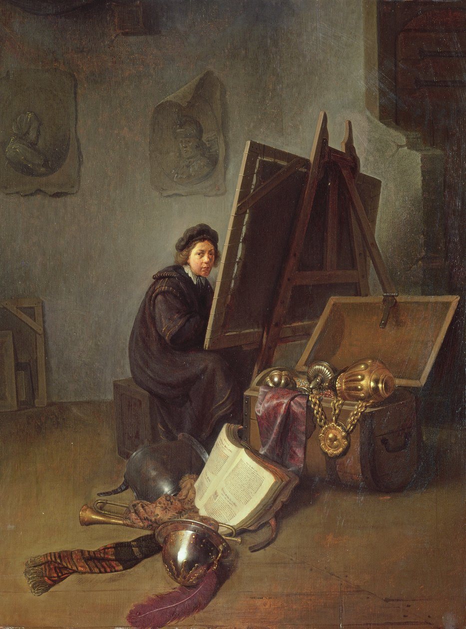 A művész portréja a festőállványon a műtermében alkotó: Gerrit Dou