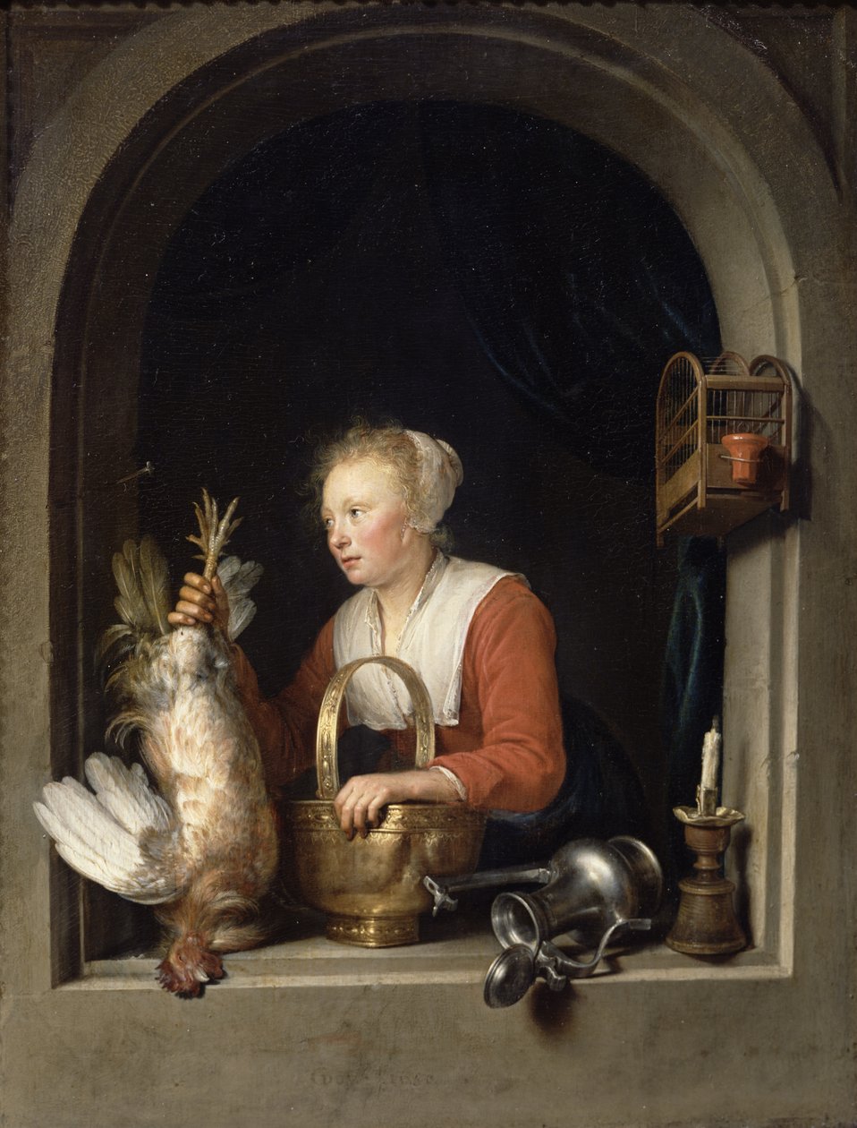 A holland háziasszony vagy A nő, aki kakast akasztott az ablakba, 1650 alkotó: Gerrit Dou