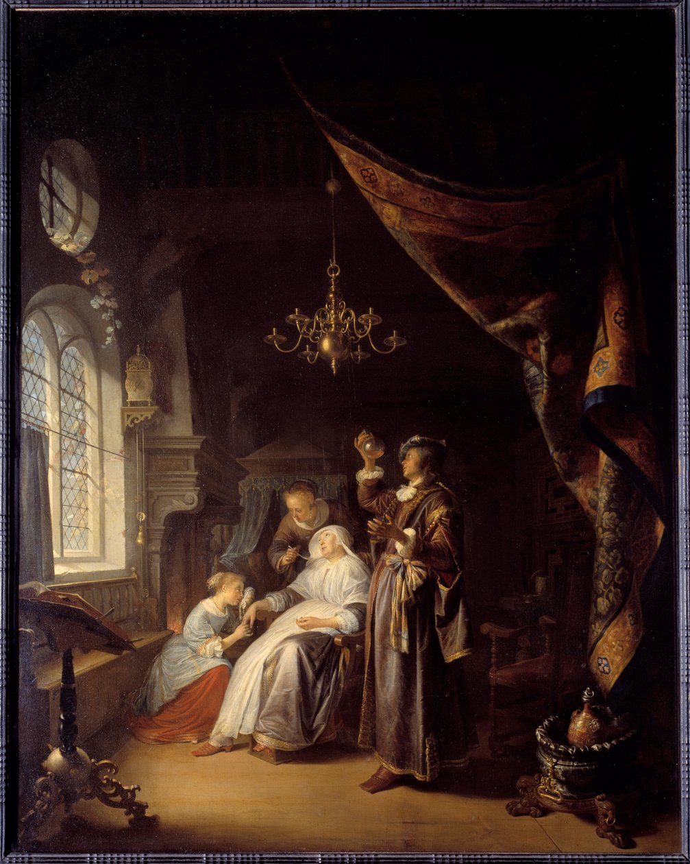 A vízi nő. Az orvos megvizsgálja egy vízkóros nő vizeletét. Gerard Dou festménye (1613-1675) Ec. Hol alkotó: Gerrit Dou