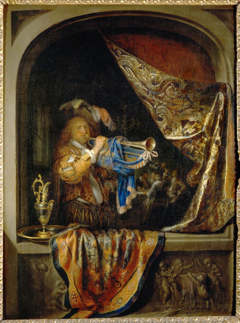 A trombitás, a háttérben egy lakoma ... alkotó: Gerrit or Gerard Dou