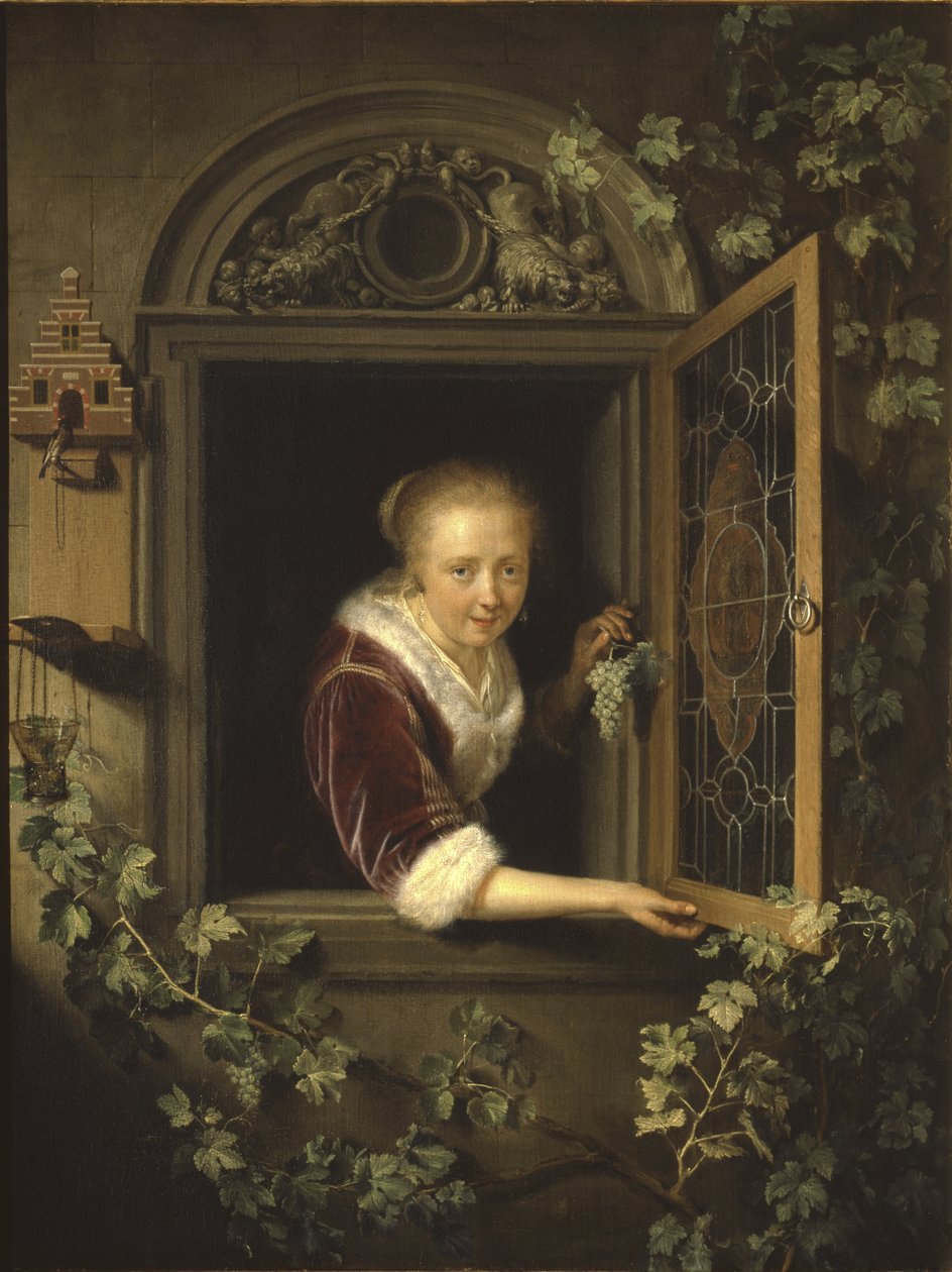 Fiatal nő az ablakban egy fürt szőlővel, 1622 alkotó: Gerrit Dou