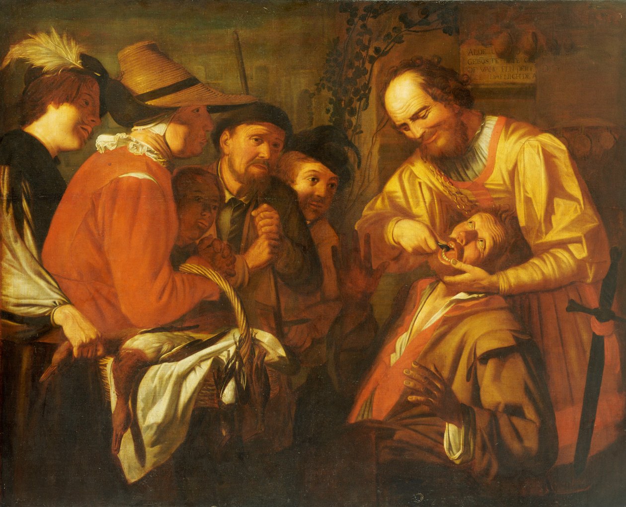 Egy fogat húzó hájas fogorvos, miközben egy csoport bámészkodó figyel a közelben alkotó: Gerrit van Honthorst