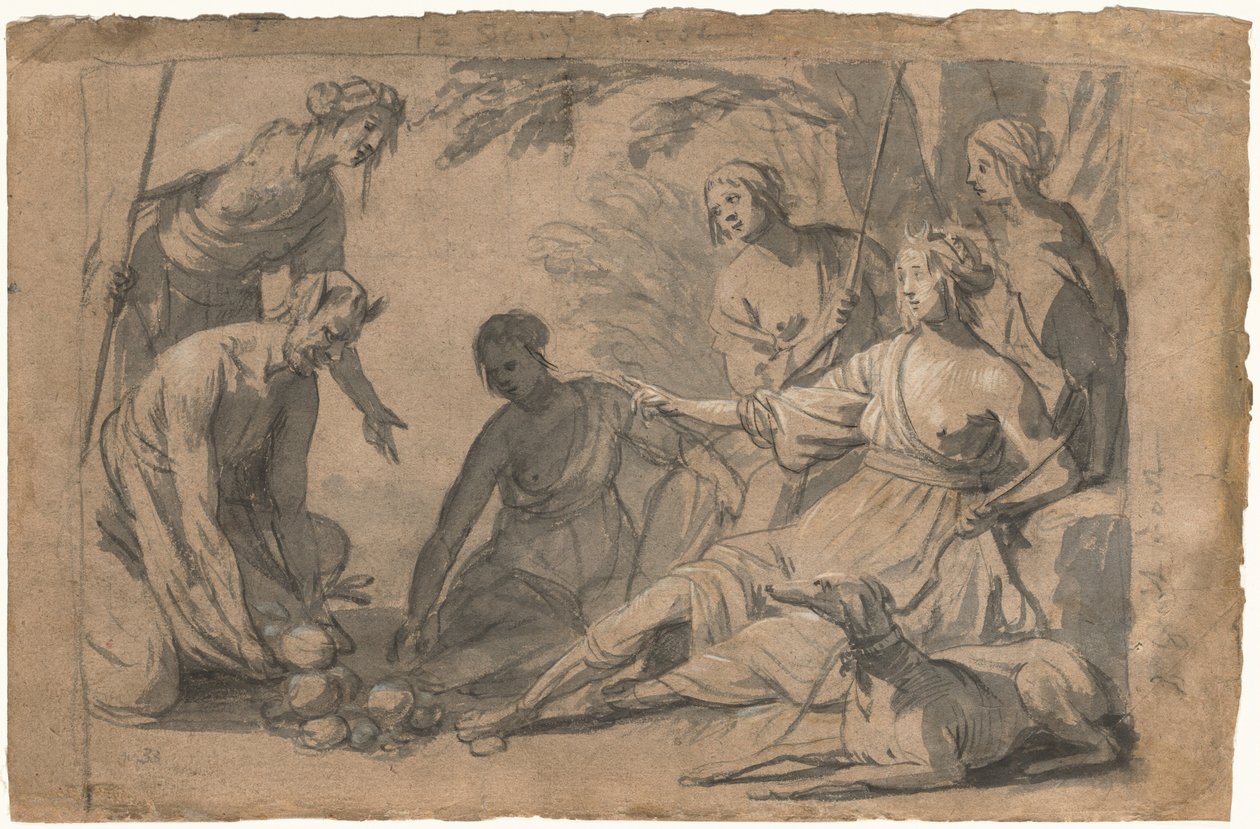 Diana és négy nimfa ajándékot kap egy szatírtól alkotó: Gerrit van Honthorst