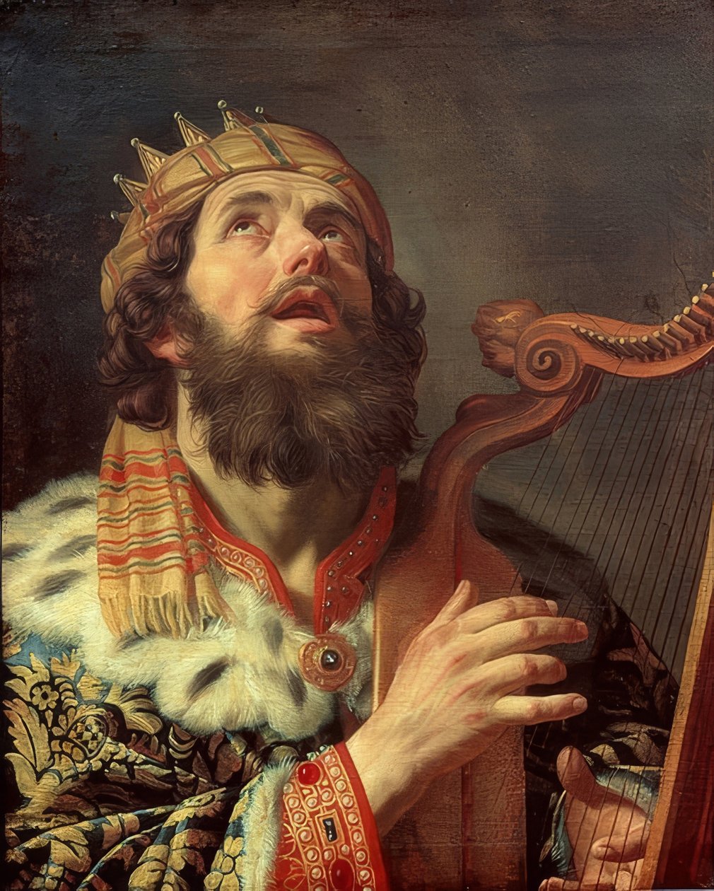 Dávid király hárfán játszik. 1622 alkotó: Gerrit van Honthorst