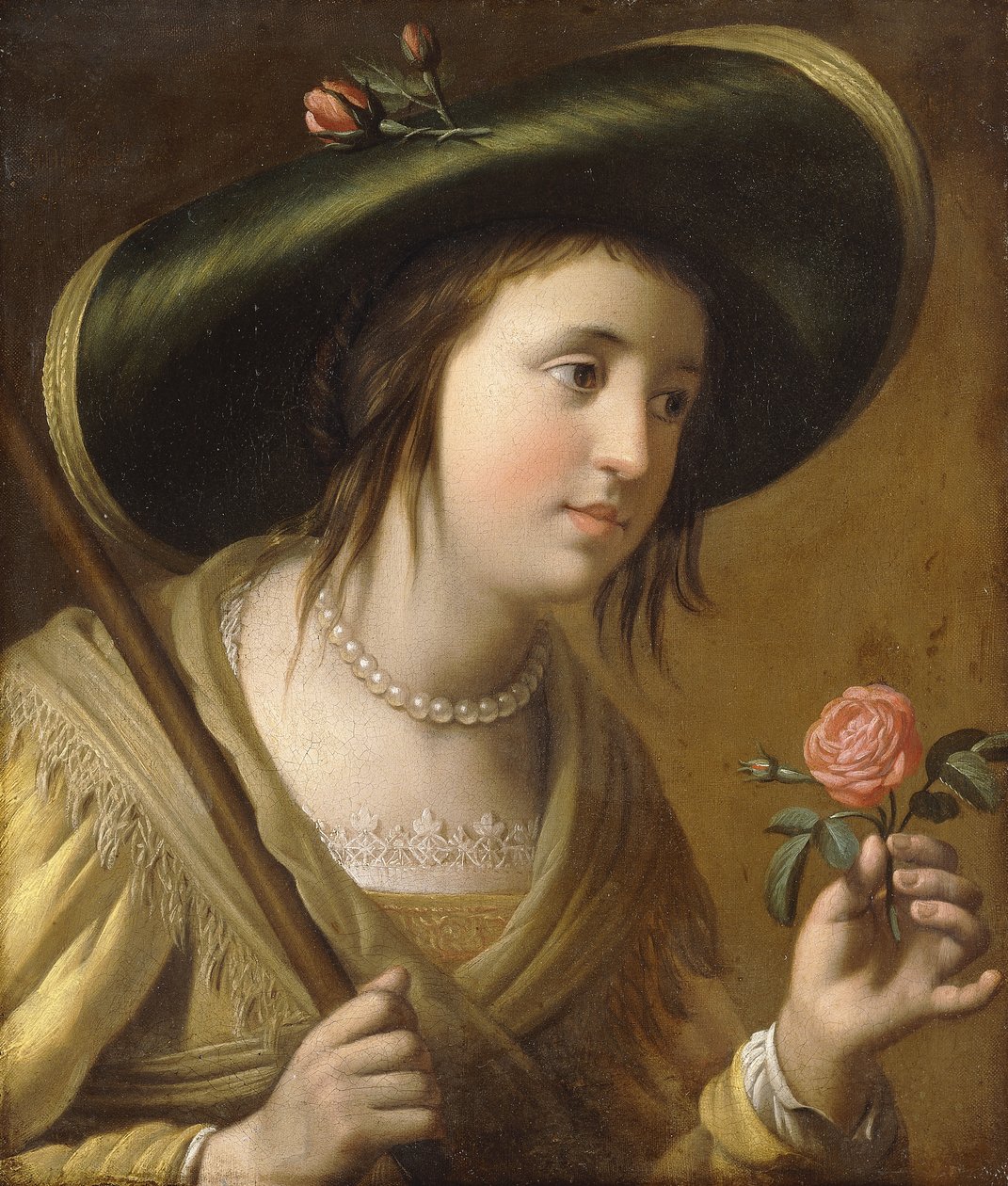 II. Erzsébet van de Palts hercegnő portréja pásztorlányként, mellhosszú, rózsát tartva, alkotó: Gerrit van Honthorst