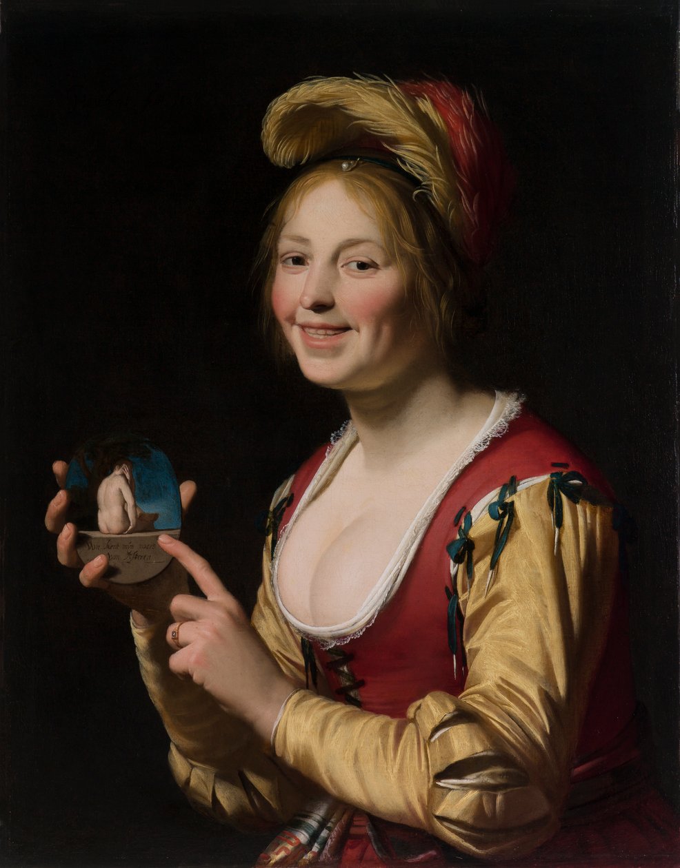 Mosolygó lány, udvarhölgy, obszcén képpel a kezében alkotó: Gerrit van Honthorst