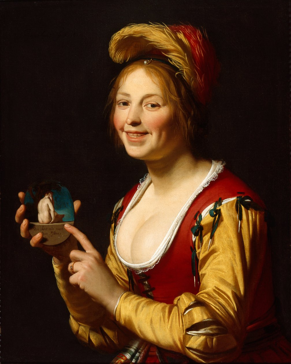 Mosolygó lány, kurtizán, kezében obszcén képpel alkotó: Gerrit van Honthorst