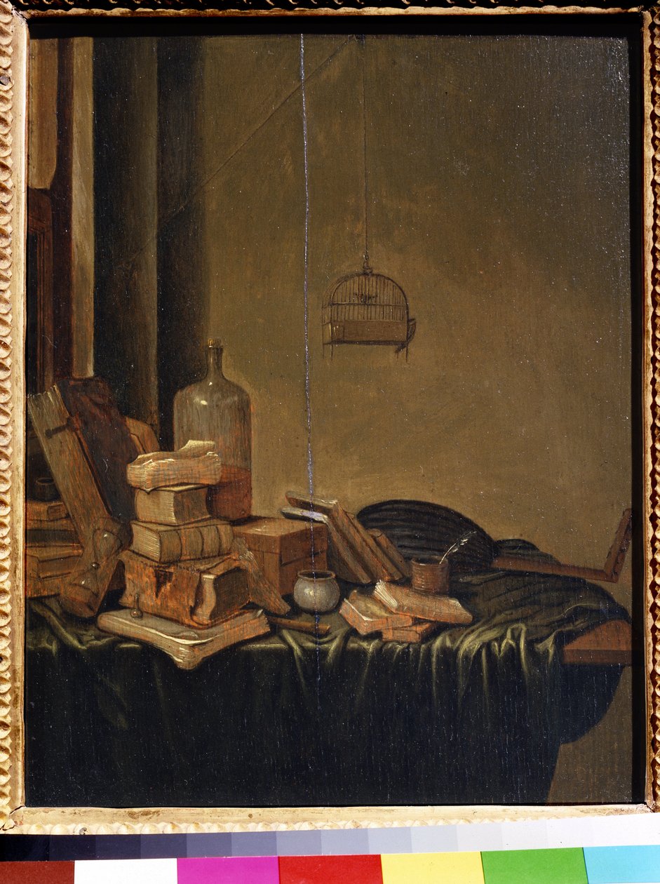 Csendélet könyvekkel. Gerrit van Vucht festménye (1600 vagy 1620-1697 körül). Olaj, fa, 34 x 28 cm. 17. századi holland iskola. Puskin Szépművészeti Múzeum, Moszkva. alkotó: Gerrit van Vucht
