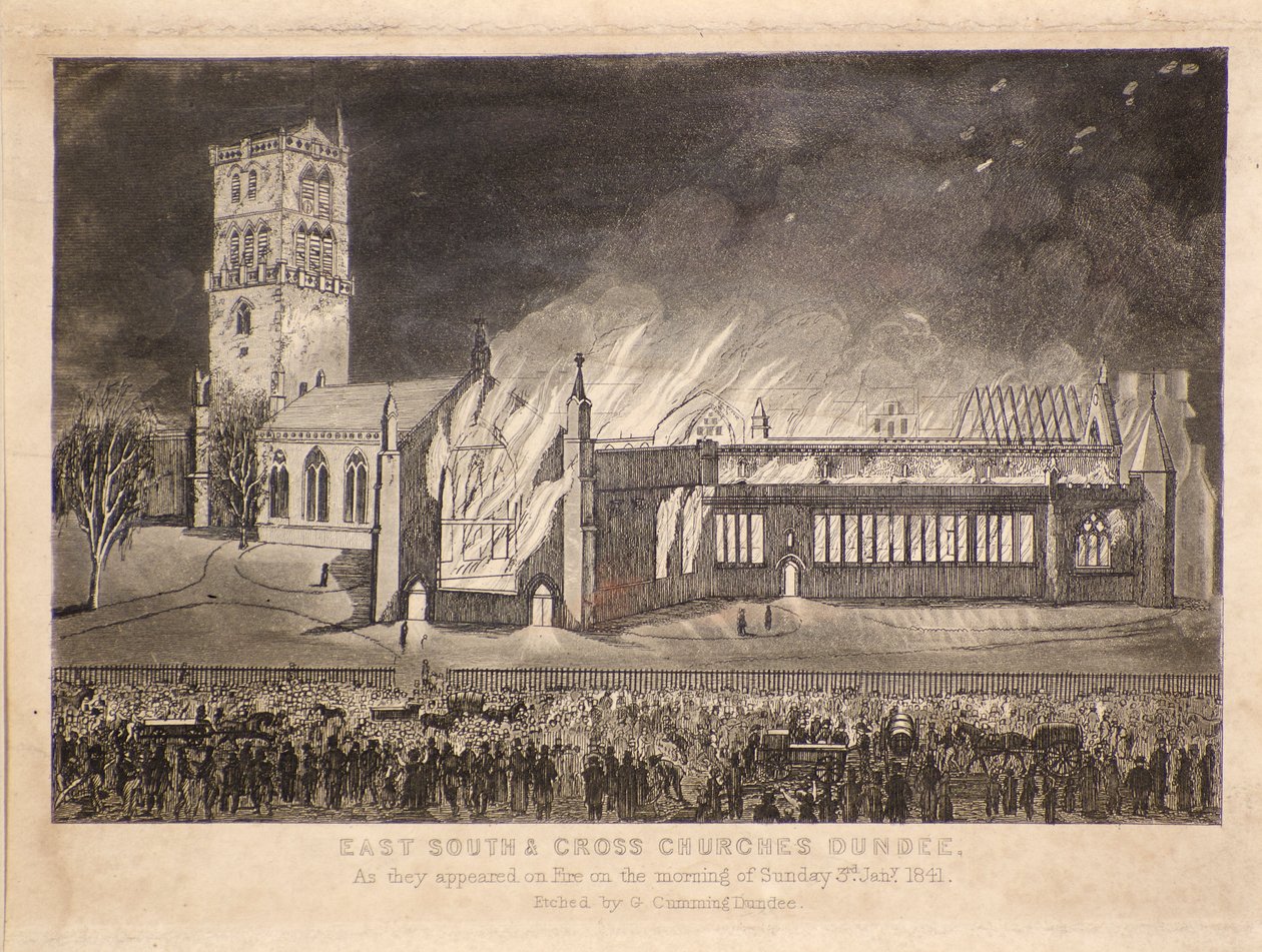 East, South & Cross Churches, Dundee, ahogy megjelentek a Fire-ben 1841. január 3-án, vasárnap, 1841 körül (rézkarc) alkotó: Gershom Gourlay Cumming