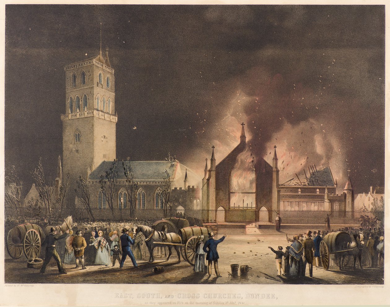 Keleti, déli és kereszttemplomok, Dundee, ahogy megjelentek a Tűzben 1841. január 3-án, vasárnap, 1841 körül (litográfia) alkotó: Gershom Gourlay Cumming