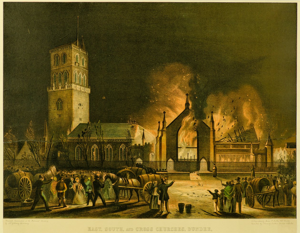 East, South és Cross Churches, Dundee [ahogy megjelentek a Fire-ben 1841. január 3-án, vasárnap reggel] (George McGillivray nyomán), 1841 körül (litográfia) alkotó: Gershom Gourlay Cumming