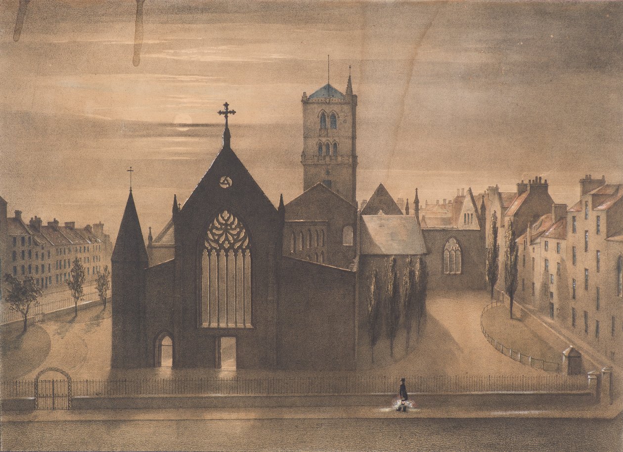 Holdfényes kilátás a keleti és keresztes templomokról, Dundee-ban, ahogyan az 1841. január 3-i tűzvész után megjelentek (litográfia) alkotó: Gershom Gourlay Cumming