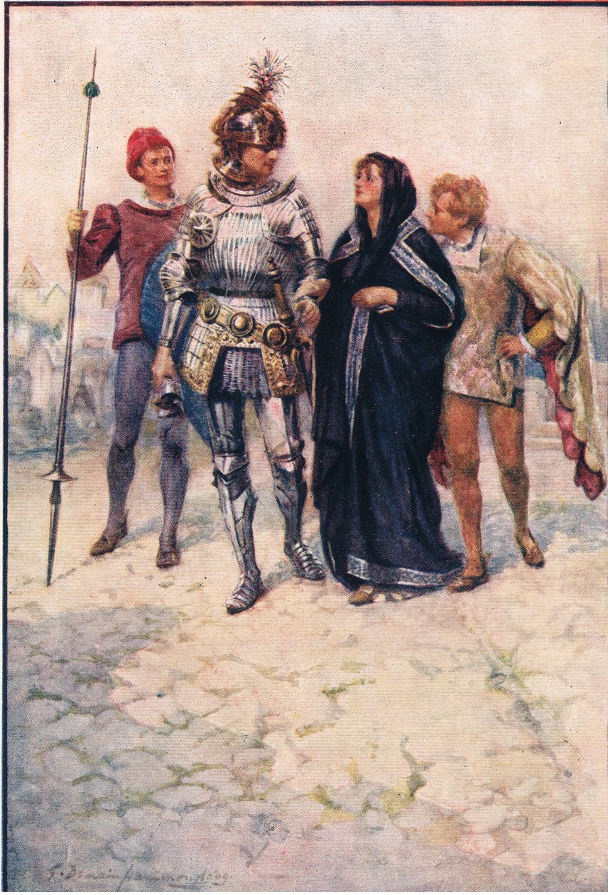Arthur herceg bevezeti Belge-t és fiait a kastélyba, a Történetek a tündérkirálynőből, amelyet George Harrap and Company adott ki. alkotó: Gertrude E. Demain (after) Hammond