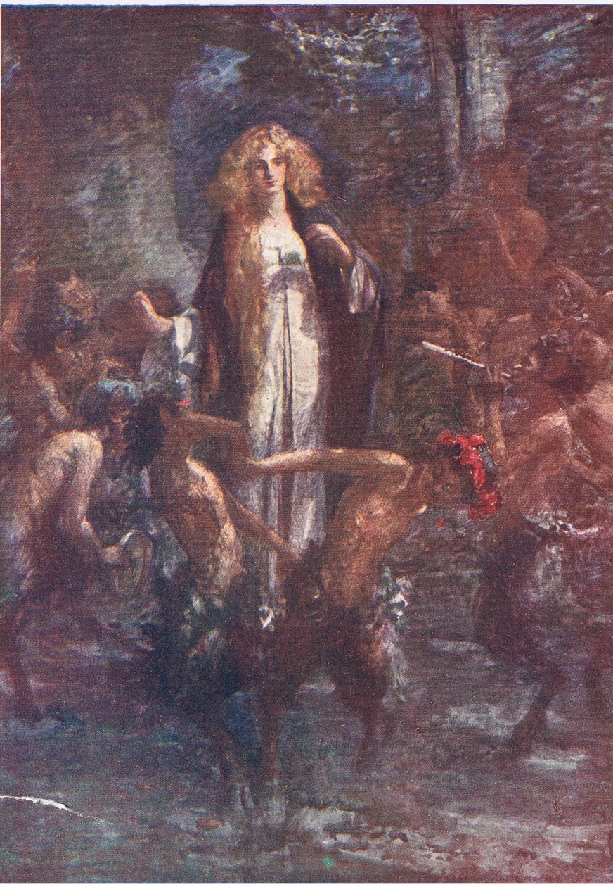 A szatírok jókedvűen táncoltak körülötte, Történetek a tündérkirálynőtől, kiadó: George Harrap and Company alkotó: Gertrude E. Demain (after) Hammond