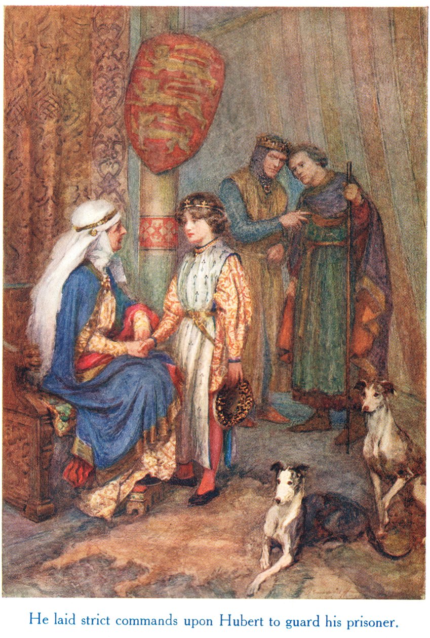„Szigorú parancsokat adott Hubertnek, hogy őrizze foglyát” – illusztráció a „Shakespeare angol királyok történeteiből”, amelyet George Harrap & Son adott ki. alkotó: Gertrude E. Demain Hammond